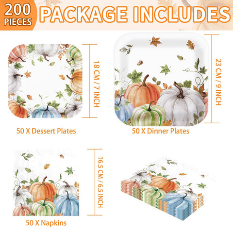 200 Pcs Thanksgiving Pumpkin Square Party Plates and Napkins - Grencian