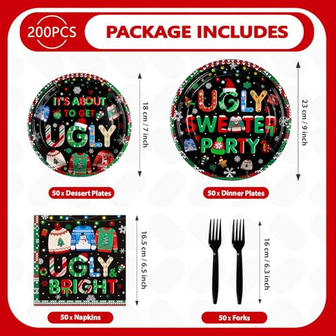 200 Pcs Ugly Sweater Party Plates and Napkins - Grencian
