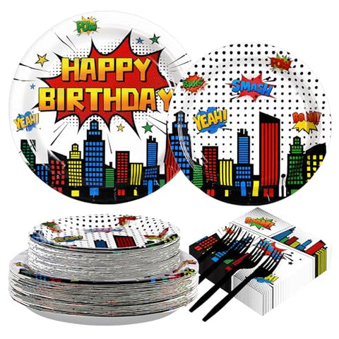 200 Pcs White Hero Birthday Party Plates and Napkins - Grencian