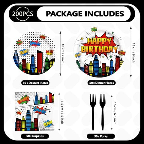 200 Pcs White Hero Birthday Party Plates and Napkins - Grencian