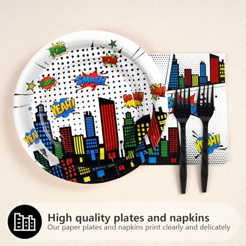 200 Pcs White Hero Birthday Party Plates and Napkins - Grencian