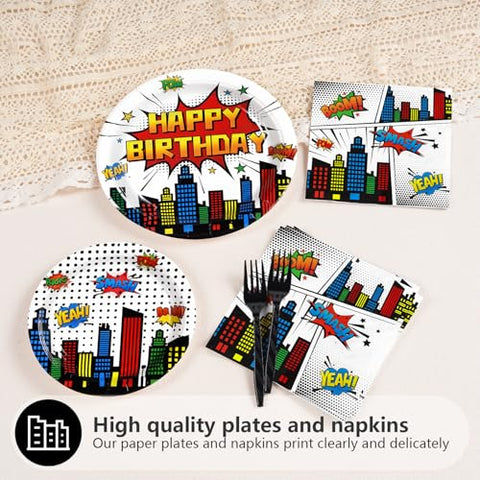 200 Pcs White Hero Birthday Party Plates and Napkins - Grencian