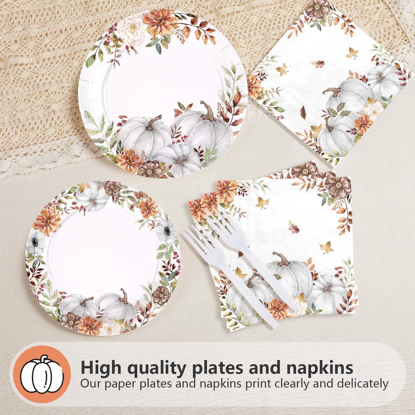 200 Pcs White Pumpkin Party Plates and Napkins - Grencian