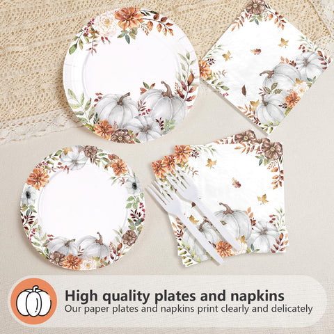 200 Pcs White Pumpkin Party Plates and Napkins - Grencian