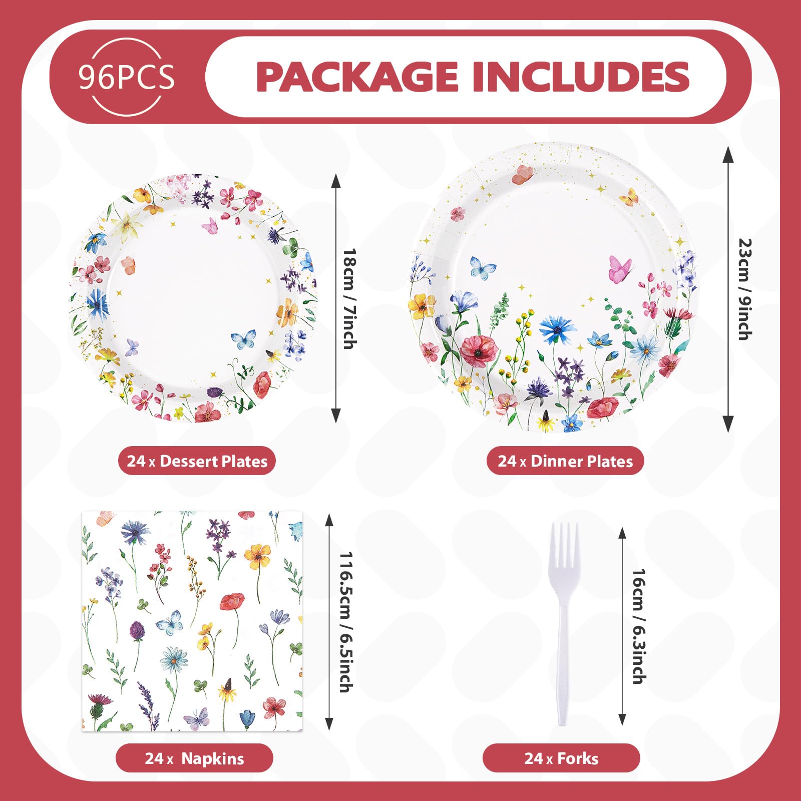 200 Pcs Wildflower Party Plates and Napkins - Grencian