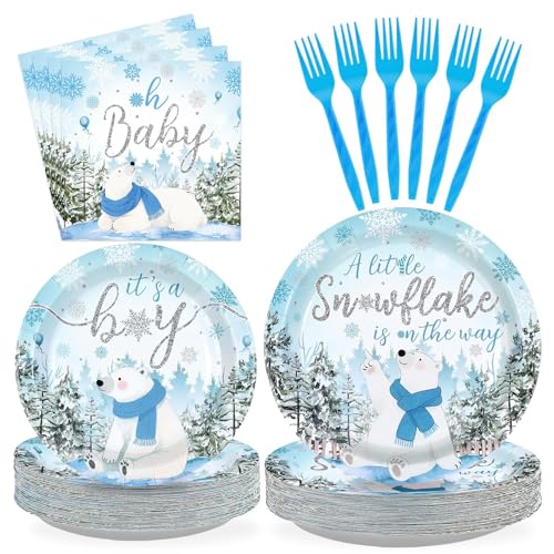 200 Pcs Winter Bear Baby Shower Party Plates and Napkins - Grencian