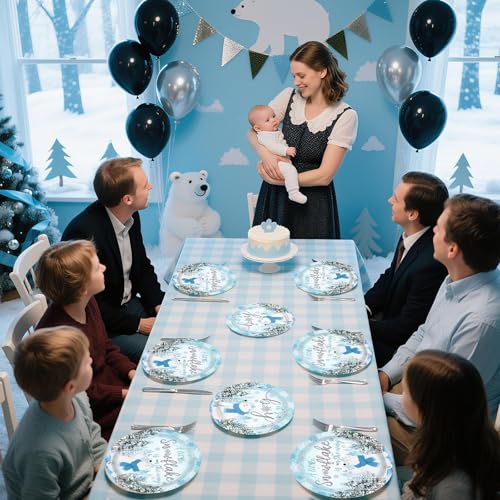 200 Pcs Winter Bear Baby Shower Party Plates and Napkins - Grencian