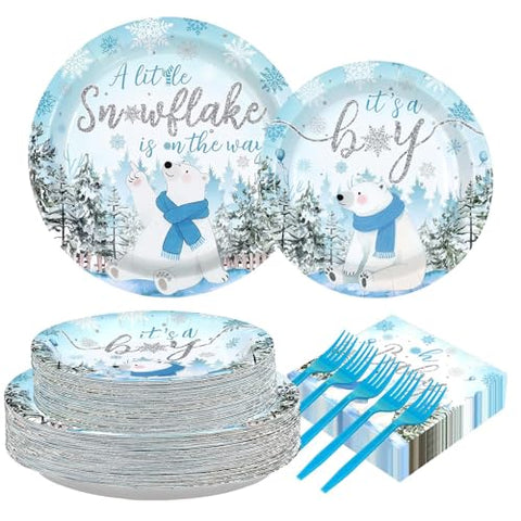 200 Pcs Winter Bear Baby Shower Party Plates and Napkins - Grencian
