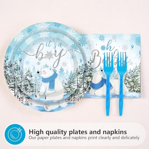 200 Pcs Winter Bear Baby Shower Party Plates and Napkins - Grencian