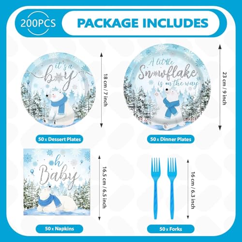 200 Pcs Winter Bear Baby Shower Party Plates and Napkins - Grencian