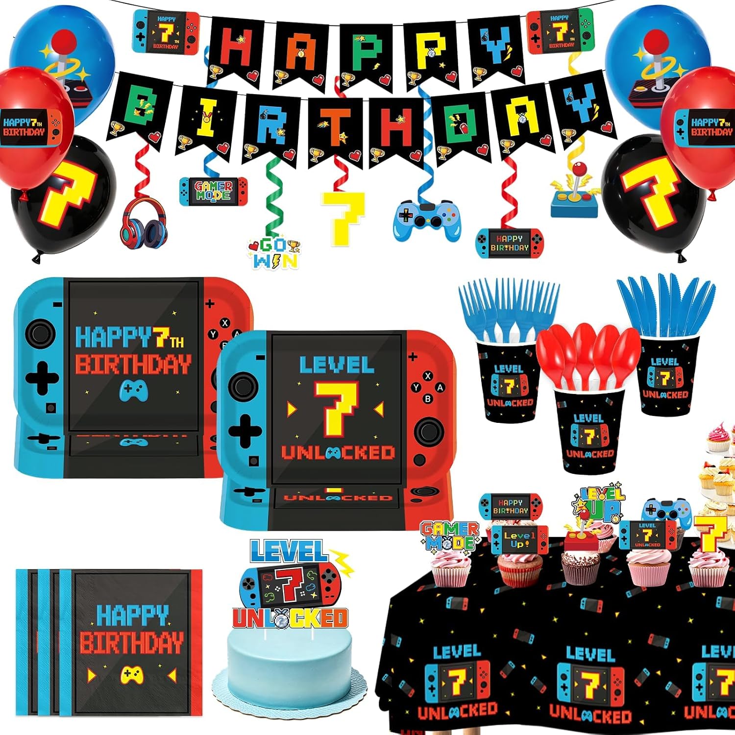 205Pcs Video Game 7th Birthday Party Supplies - Level 7 Banner Plates Napkins Cups Tablecloth Balloons Cake Topper Serves 24 - Grencian