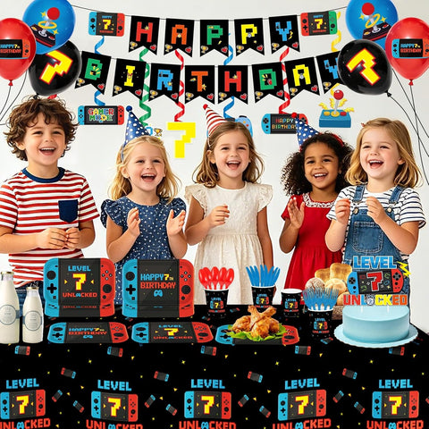 205Pcs Video Game 7th Birthday Party Supplies - Level 7 Banner Plates Napkins Cups Tablecloth Balloons Cake Topper Serves 24 - Grencian