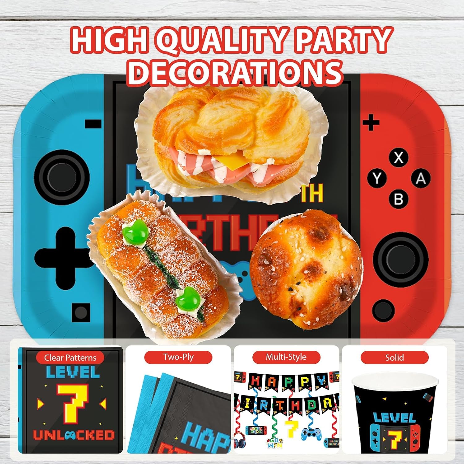 205Pcs Video Game 7th Birthday Party Supplies - Level 7 Banner Plates Napkins Cups Tablecloth Balloons Cake Topper Serves 24 - Grencian