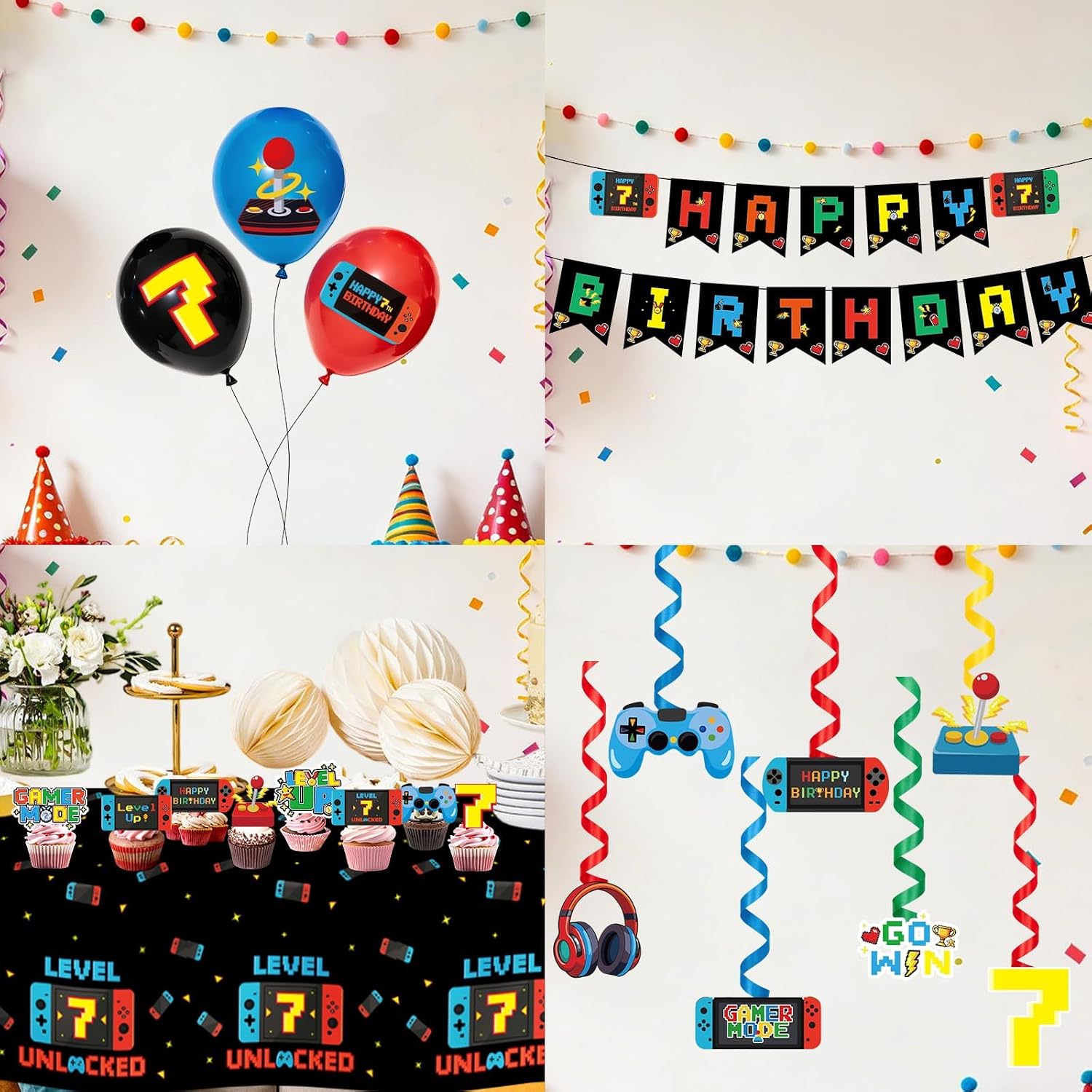 205Pcs Video Game 7th Birthday Party Supplies - Level 7 Banner Plates Napkins Cups Tablecloth Balloons Cake Topper Serves 24 - Grencian