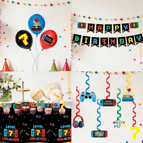 205Pcs Video Game 7th Birthday Party Supplies - Level 7 Banner Plates Napkins Cups Tablecloth Balloons Cake Topper Serves 24 - Grencian