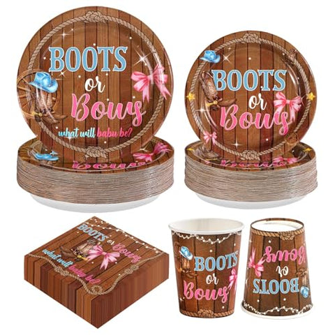 250 Pcs Boots or Bows Party Plates Napkins and Cups - Grencian