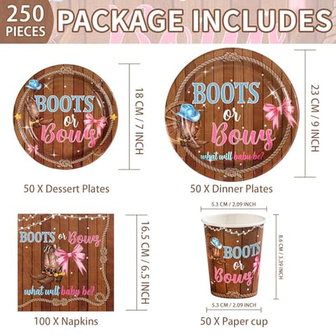 250 Pcs Boots or Bows Party Plates Napkins and Cups - Grencian