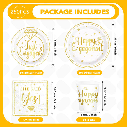 250 Pcs Happy Engagement Party Plates Napkins Cups - Grencian