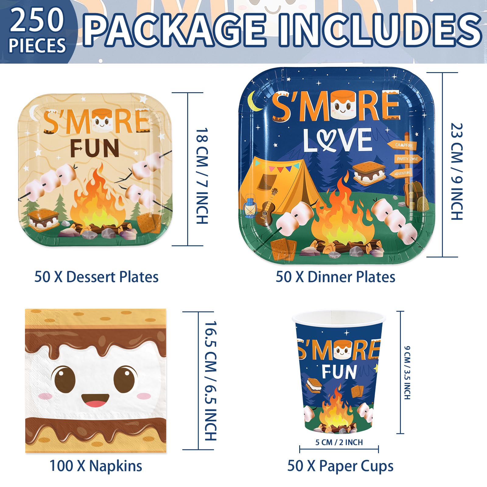 250 Pcs S'more Camping Party Plates Napkins Cups - Grencian