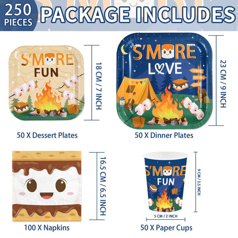 250 Pcs S'more Camping Party Plates Napkins Cups - Grencian