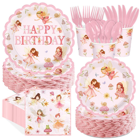 350 Pcs Fairy Birthday Scalloped Party Plates Napkins Cups and Forks - Grencian