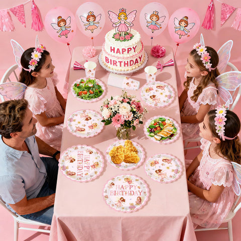 350 Pcs Fairy Birthday Scalloped Party Plates Napkins Cups and Forks - Grencian
