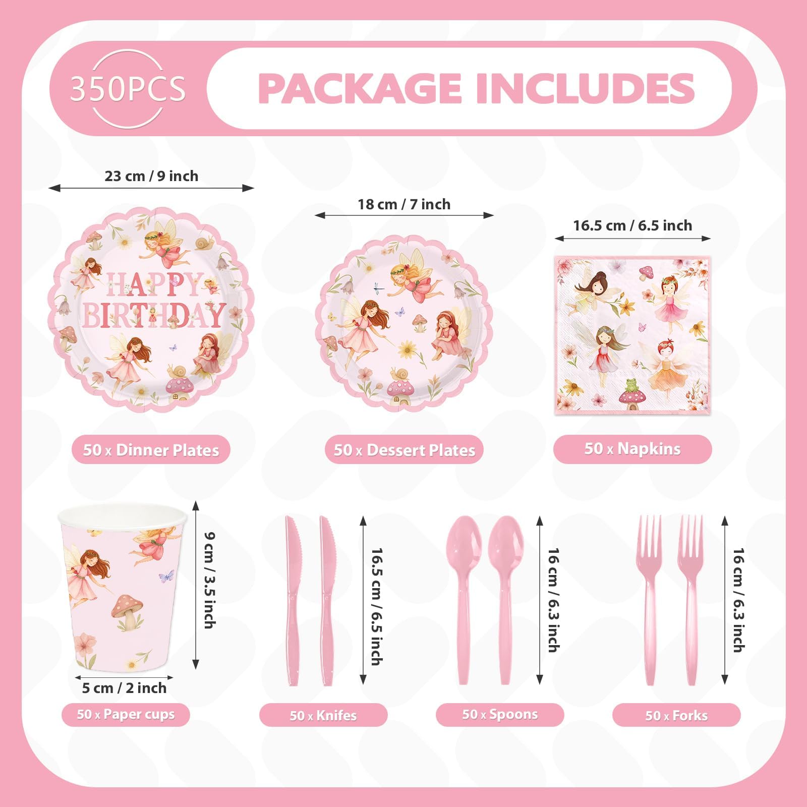 350 Pcs Fairy Birthday Scalloped Party Plates Napkins Cups and Forks - Grencian