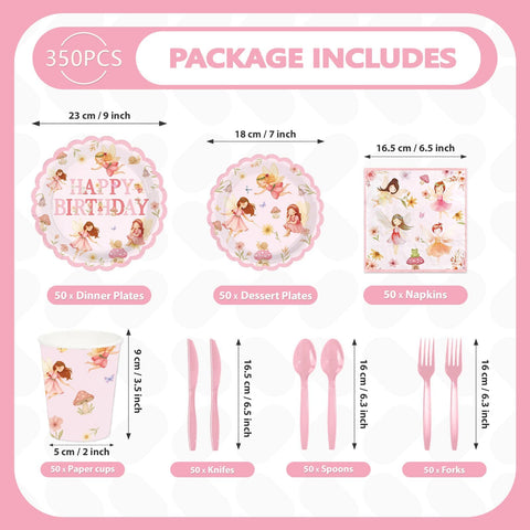 350 Pcs Fairy Birthday Scalloped Party Plates Napkins Cups and Forks - Grencian