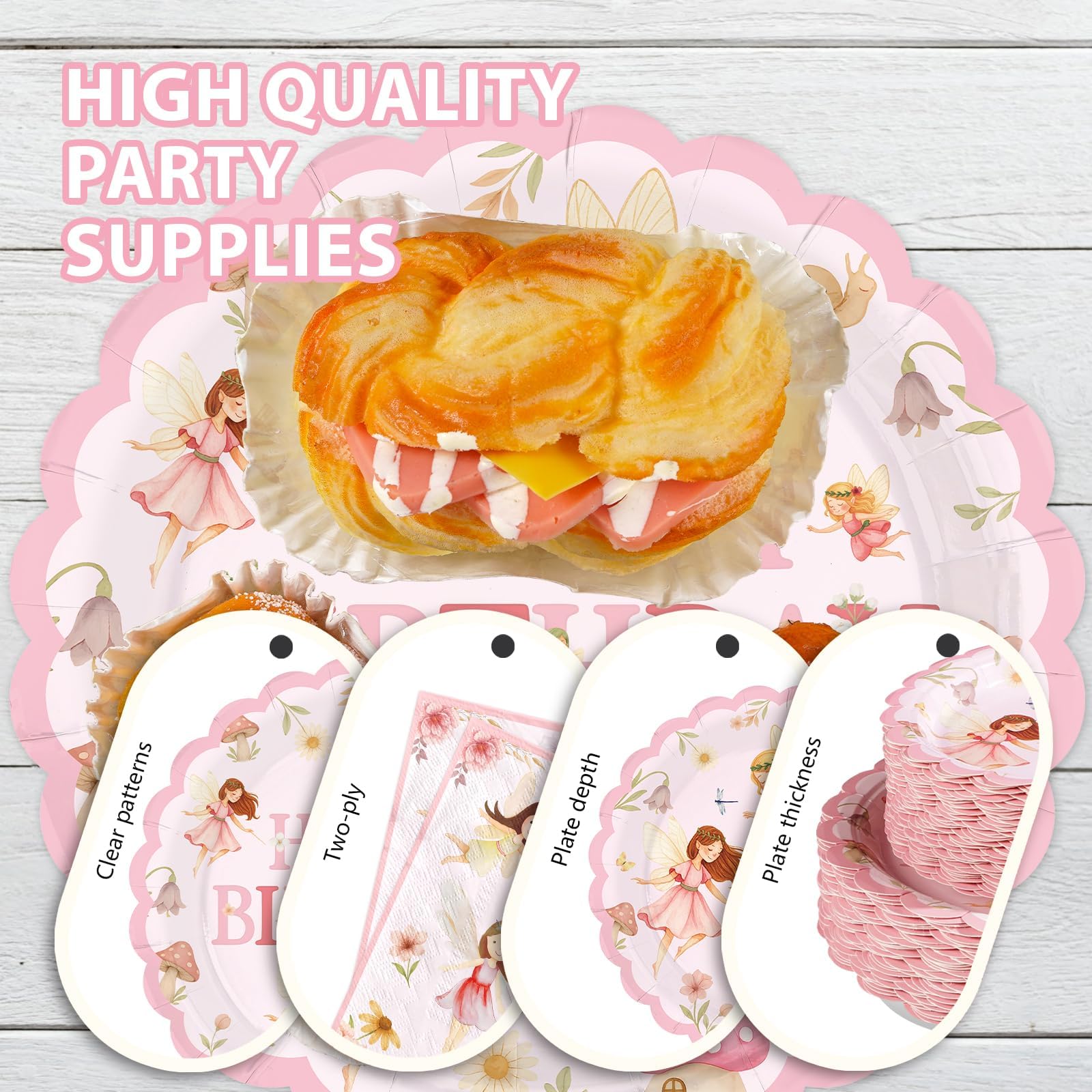 350 Pcs Fairy Birthday Scalloped Party Plates Napkins Cups and Forks - Grencian