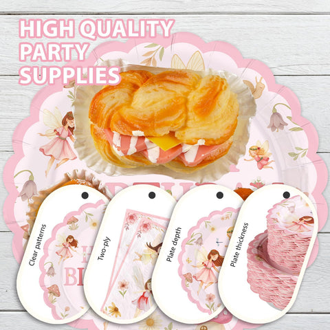 350 Pcs Fairy Birthday Scalloped Party Plates Napkins Cups and Forks - Grencian