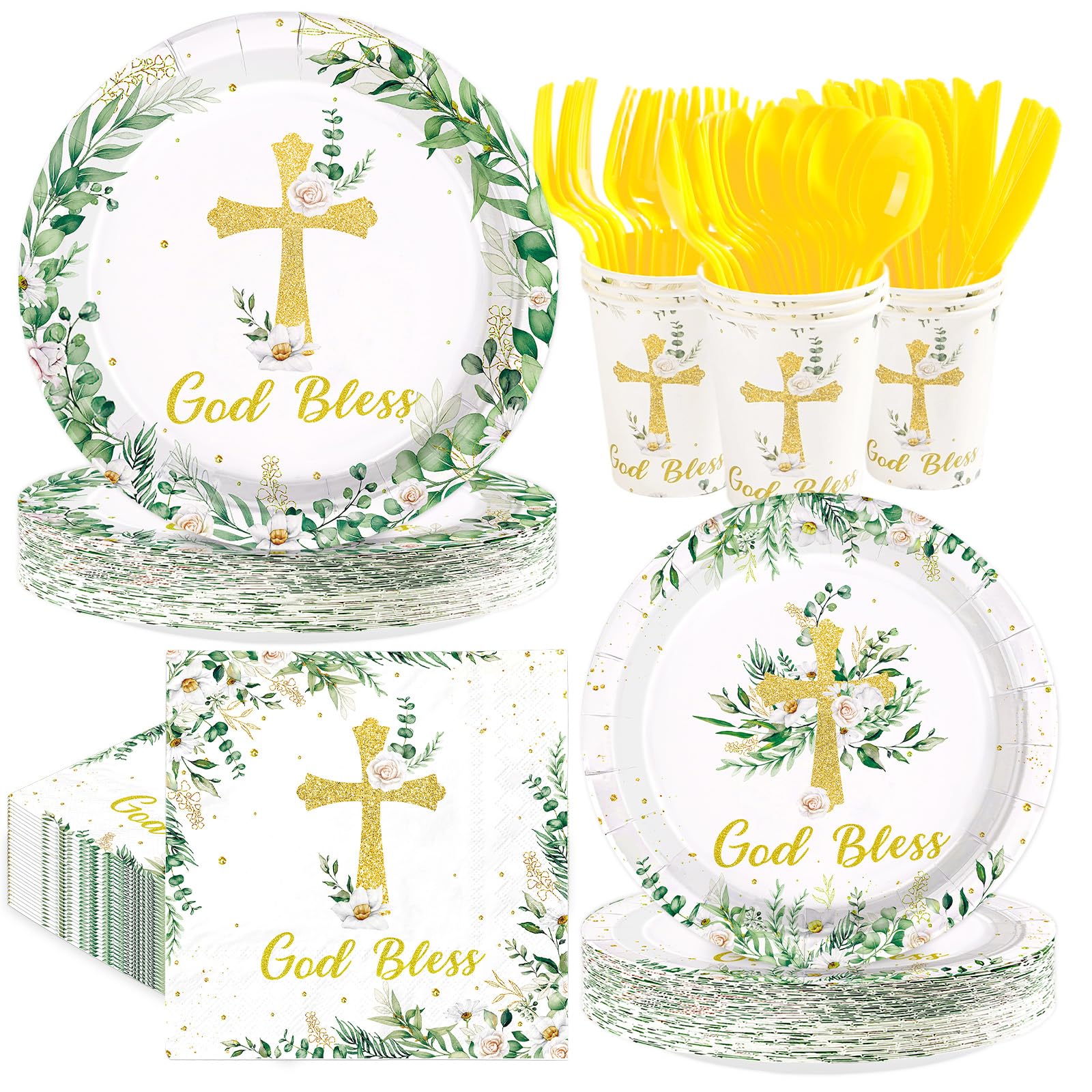 350 Pcs God Bless Party Plates Napkins Cups and Forks - Grencian