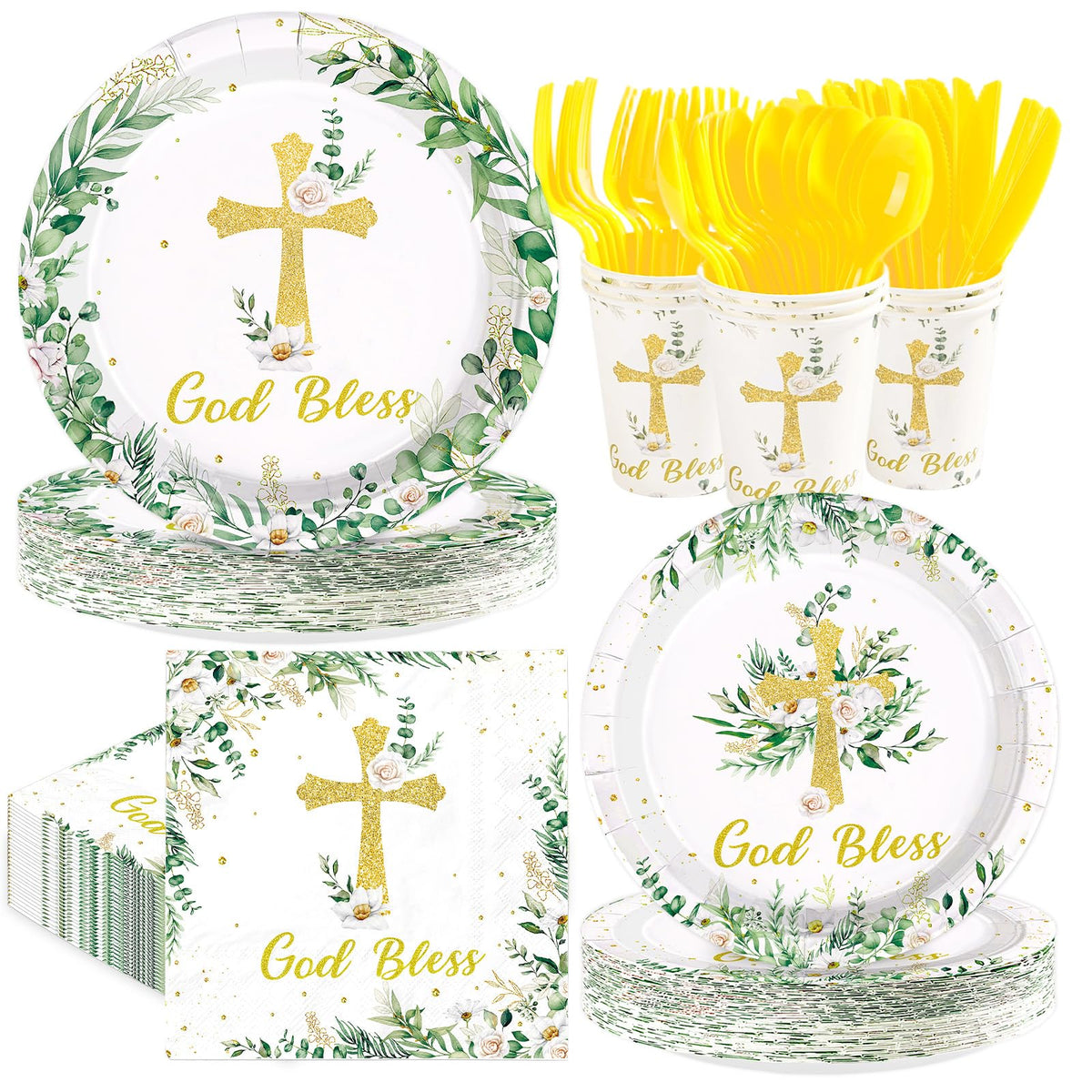 350 Pcs God Bless Party Plates Napkins Cups and Forks - Grencian