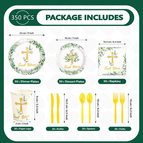 350 Pcs God Bless Party Plates Napkins Cups and Forks - Grencian