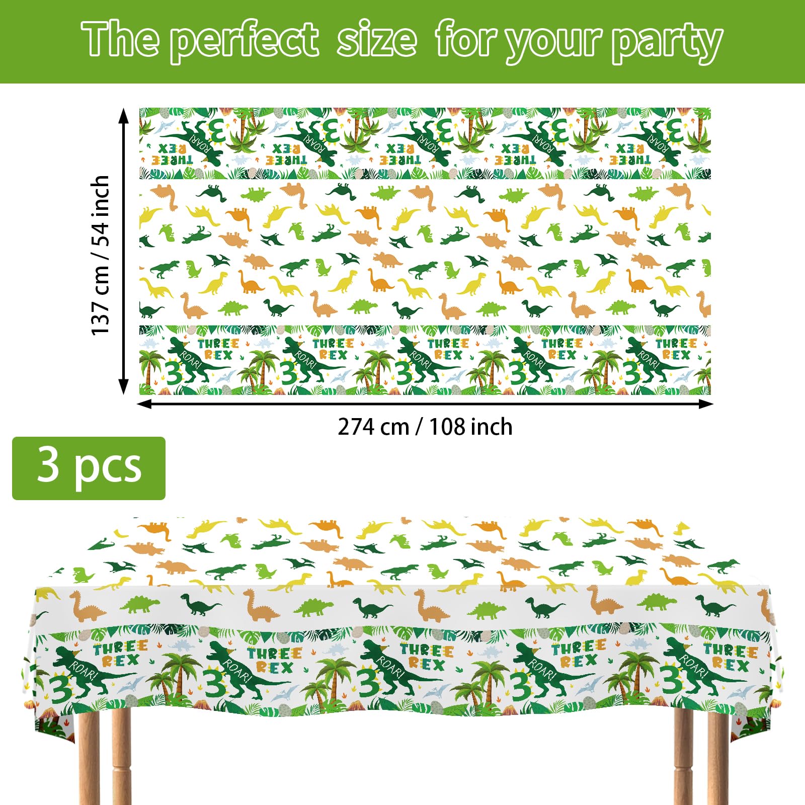 3Pcs Dinosaur 3rd Birthday Party Tablecloth - Grencian