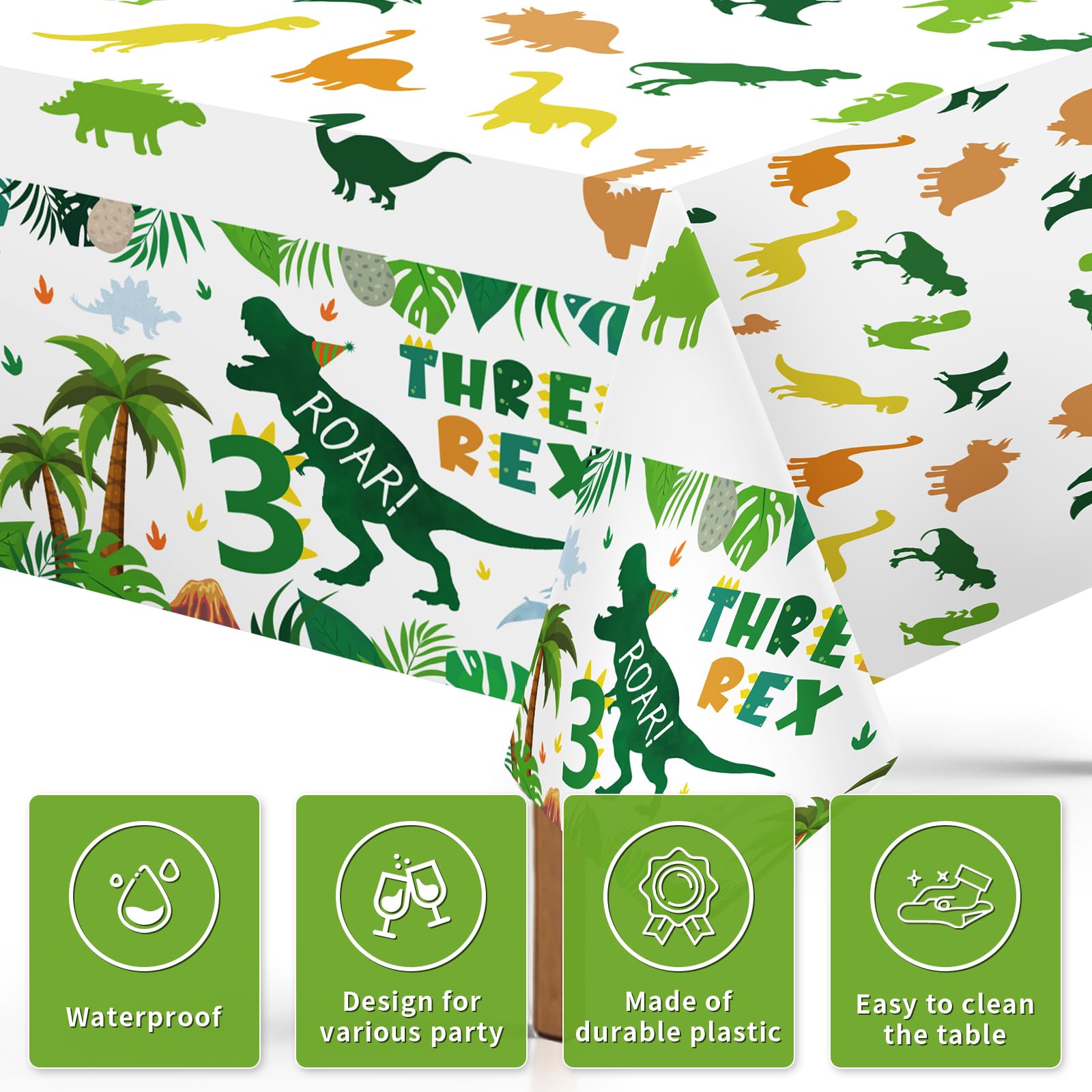 3Pcs Dinosaur 3rd Birthday Party Tablecloth - Grencian