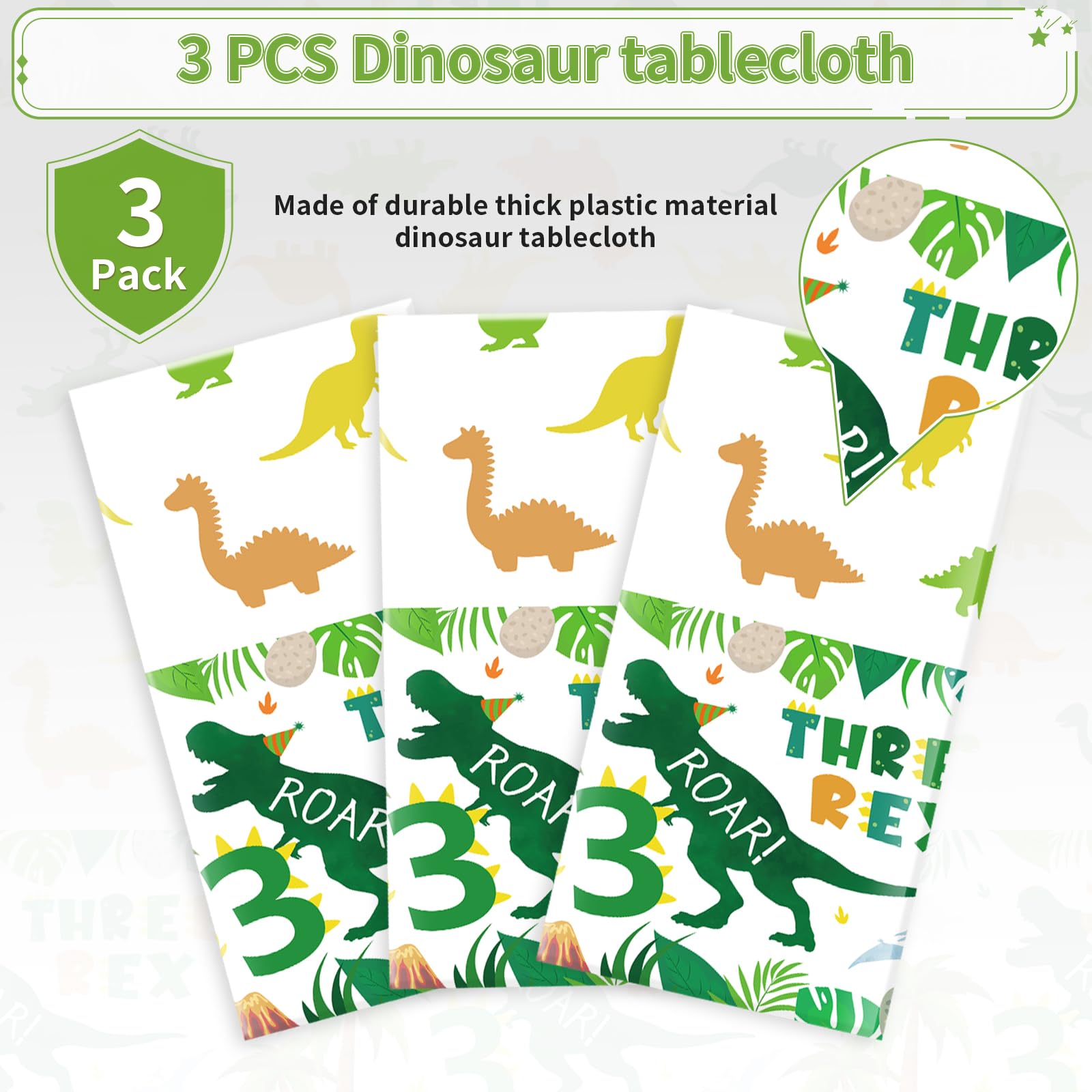 3Pcs Dinosaur 3rd Birthday Party Tablecloth - Grencian