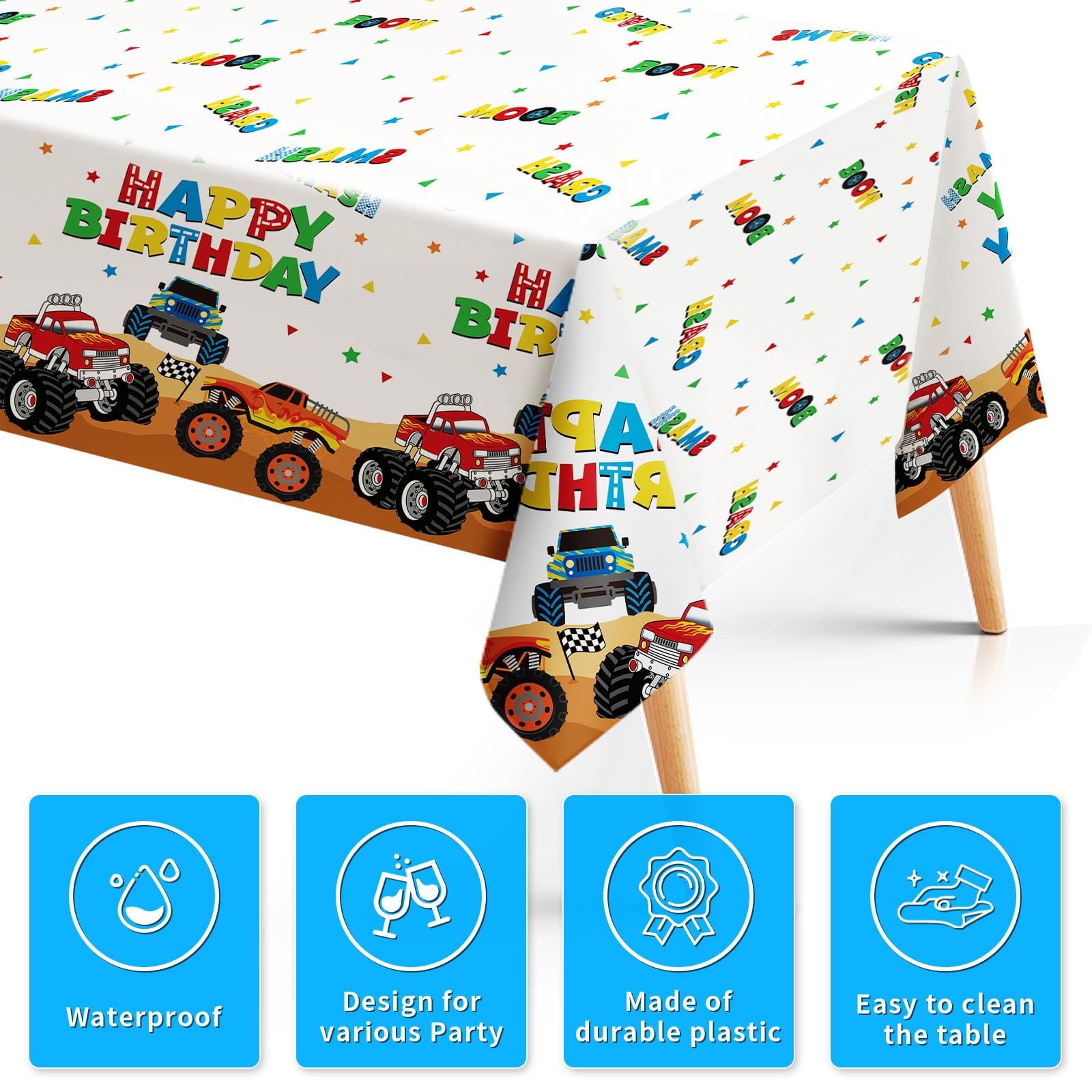 3Pcs Monster Truck Birthday Party Tablecloth