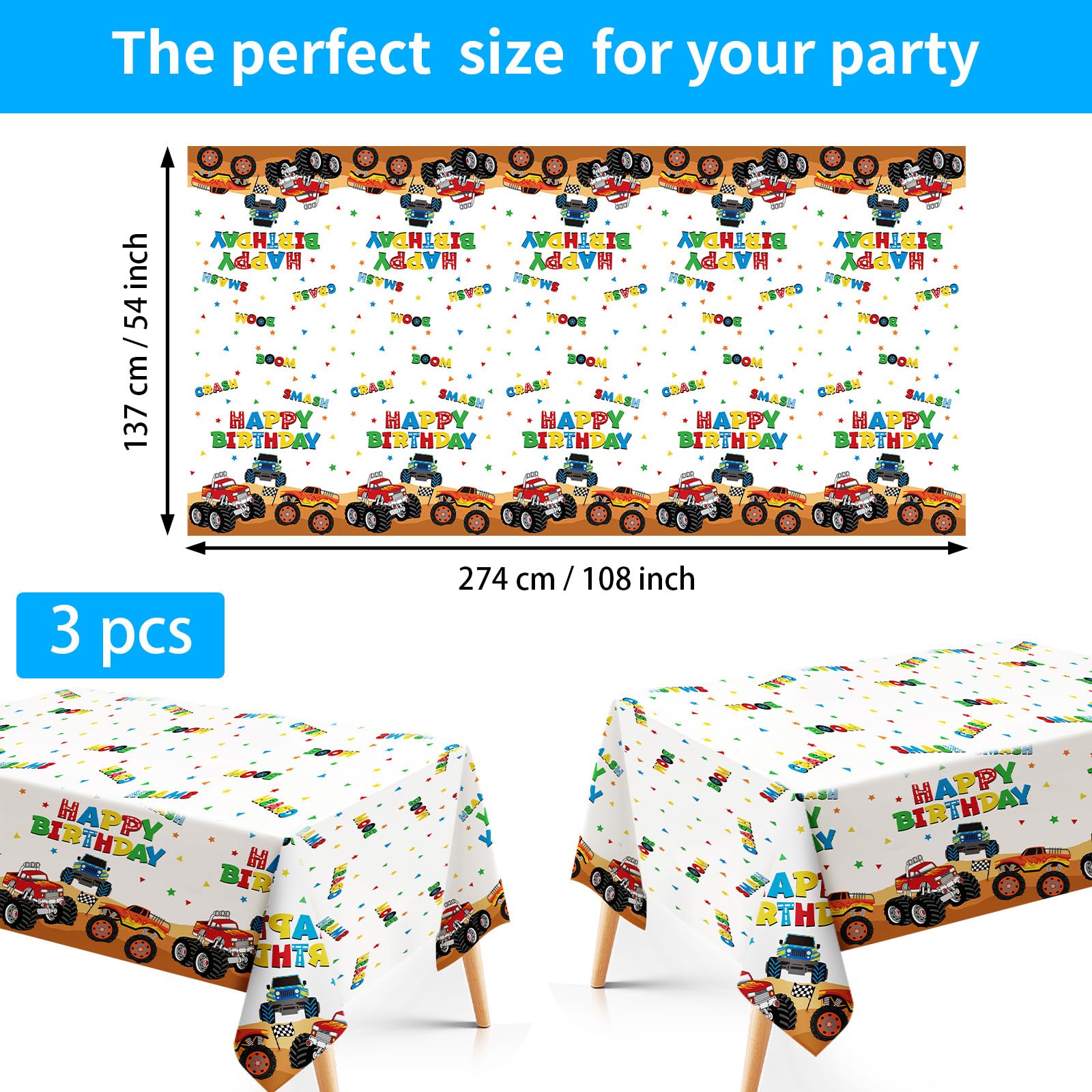 3Pcs Monster Truck Birthday Party Tablecloth