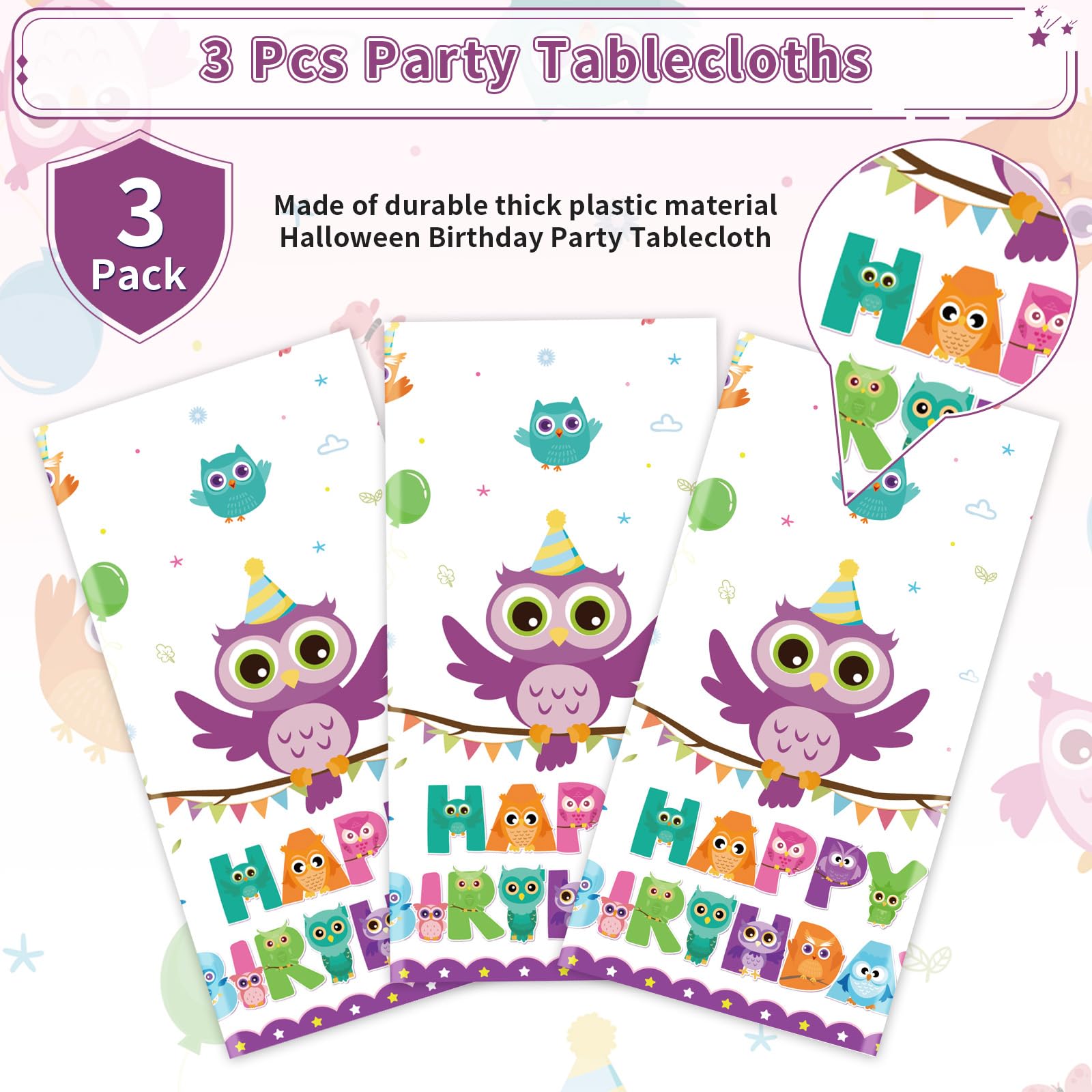 3Pcs Owl Birthday Party Tablecloth - Grencian