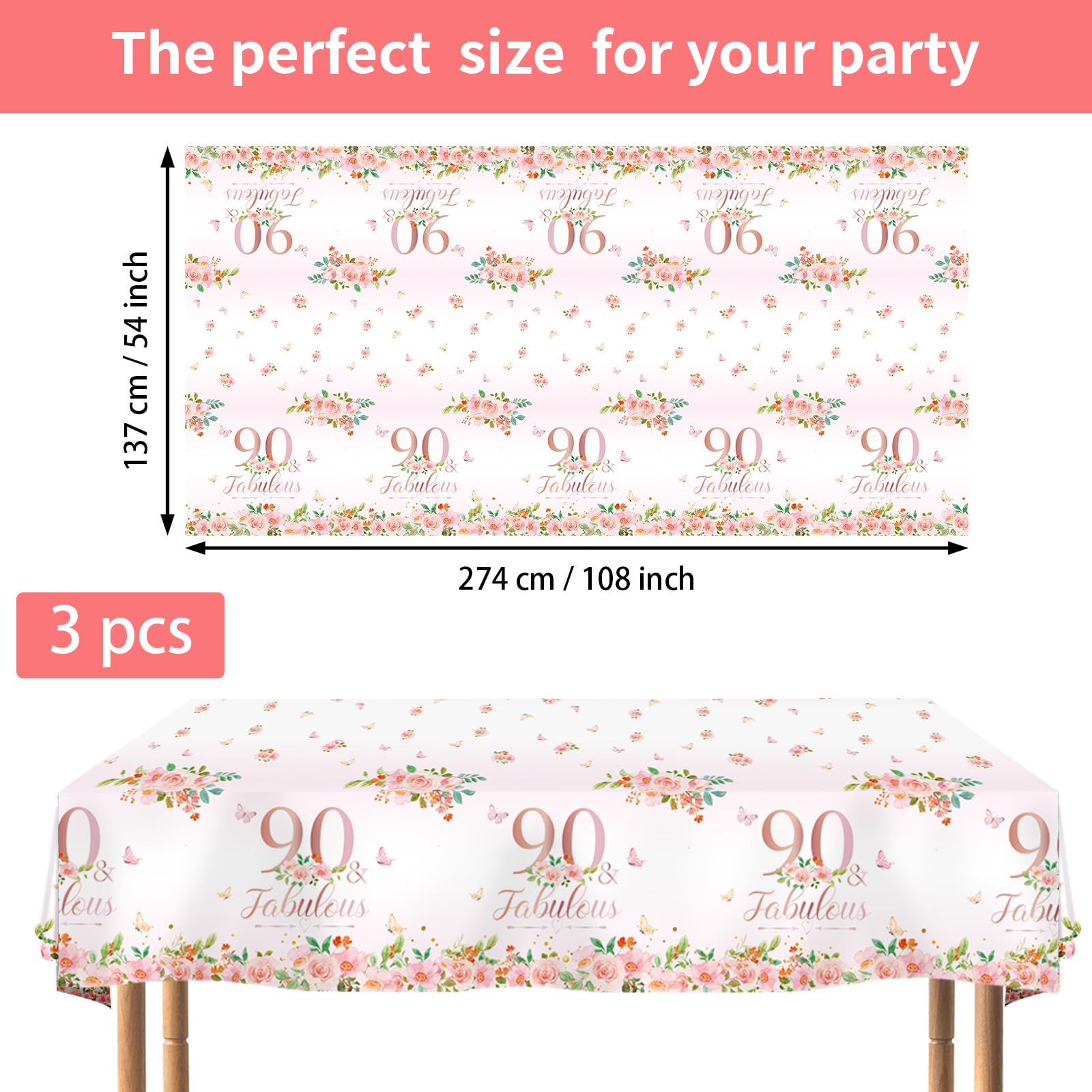 3Pcs Rose Gold 90th Birthday Party Tablecloth - Grencian