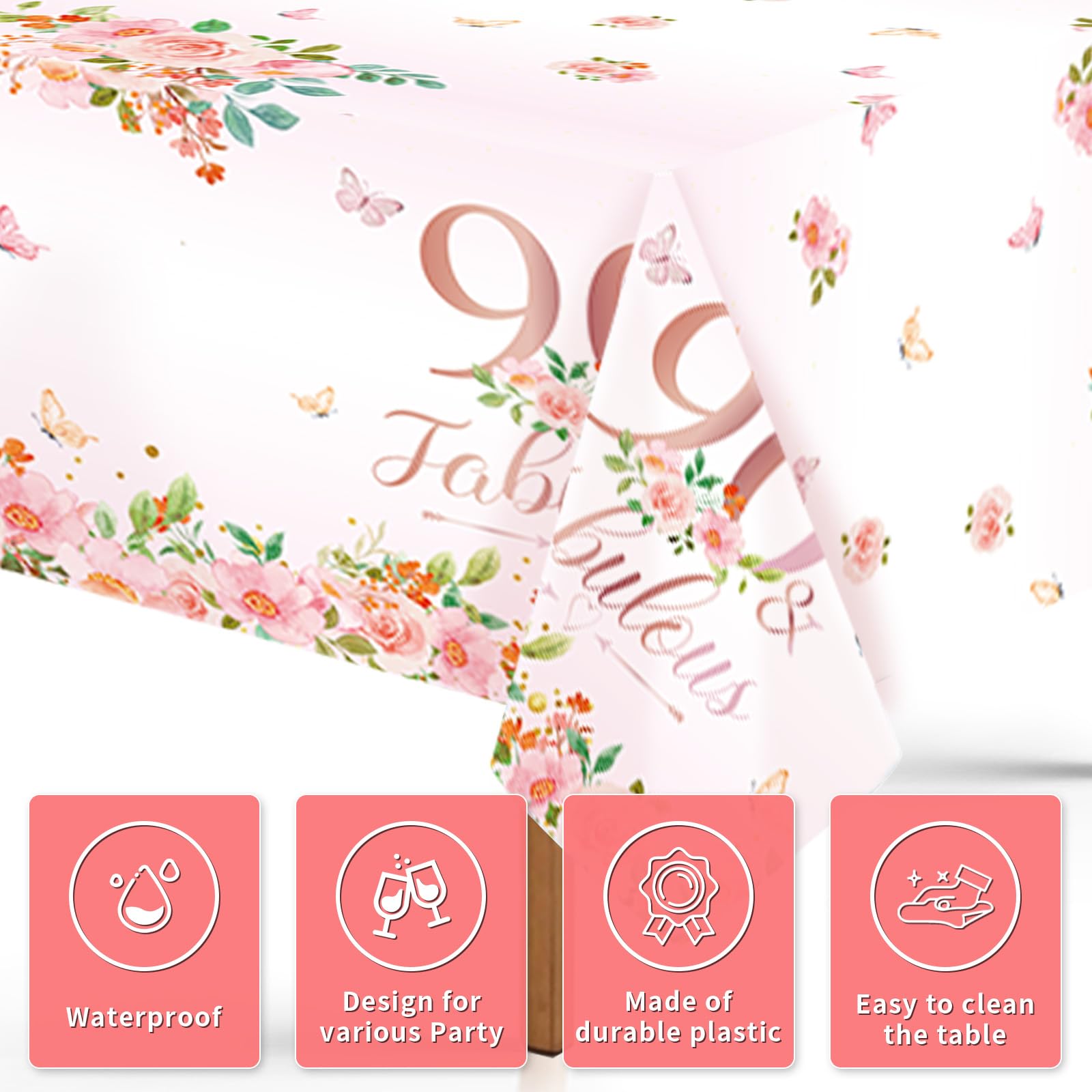 3Pcs Rose Gold 90th Birthday Party Tablecloth - Grencian