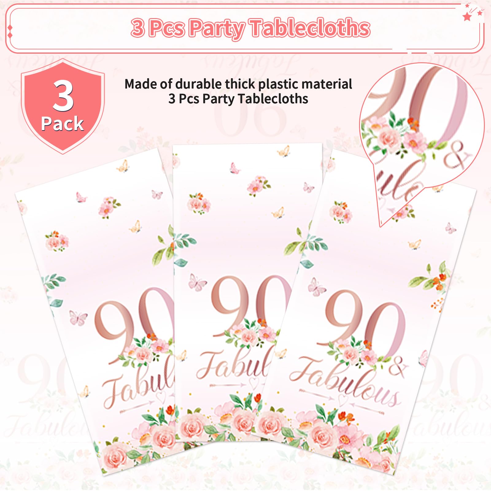 3Pcs Rose Gold 90th Birthday Party Tablecloth - Grencian
