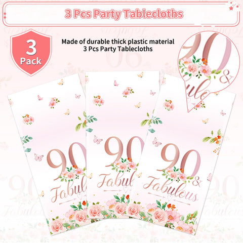 3Pcs Rose Gold 90th Birthday Party Tablecloth - Grencian