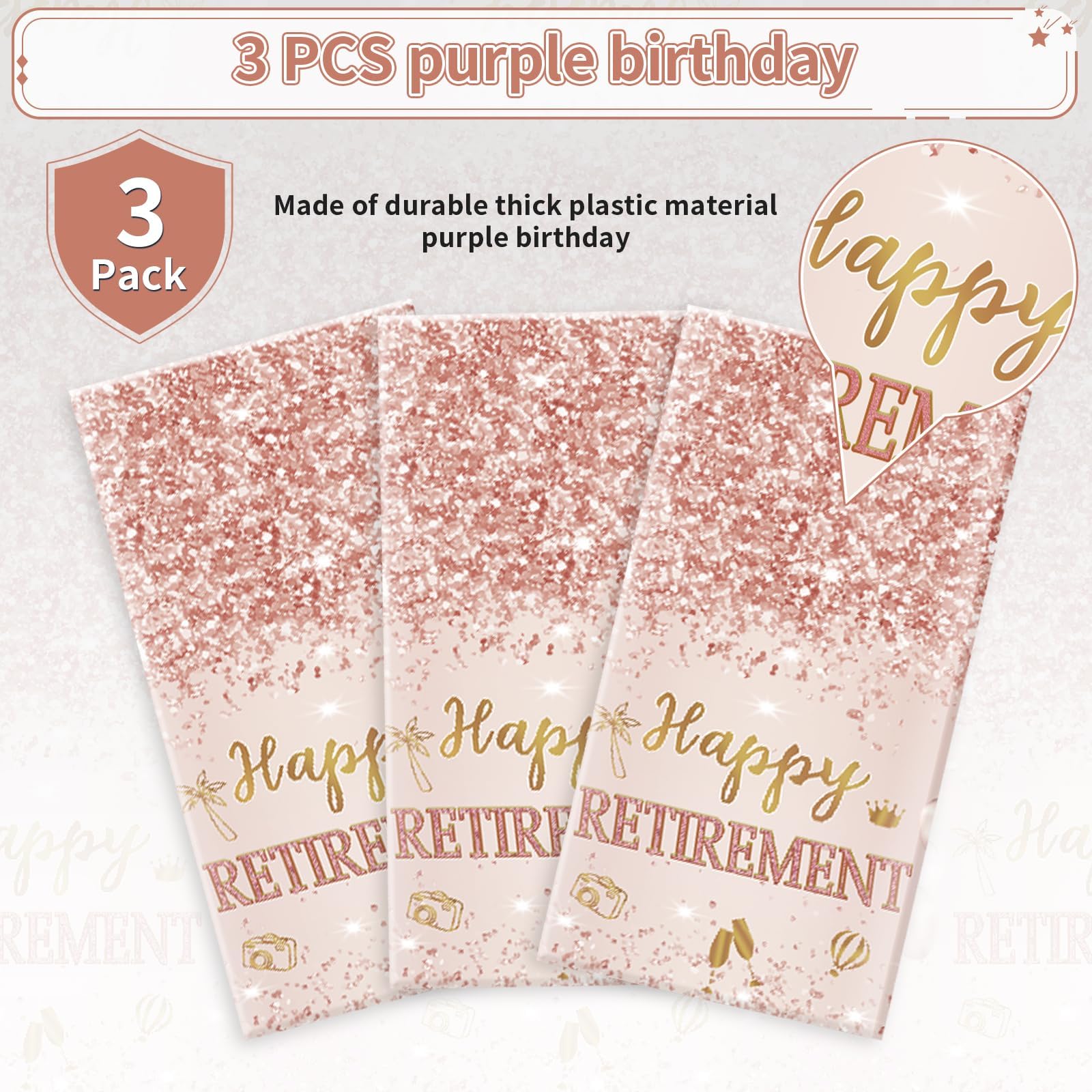 3Pcs Rose Gold Retirement Party Tablecloth