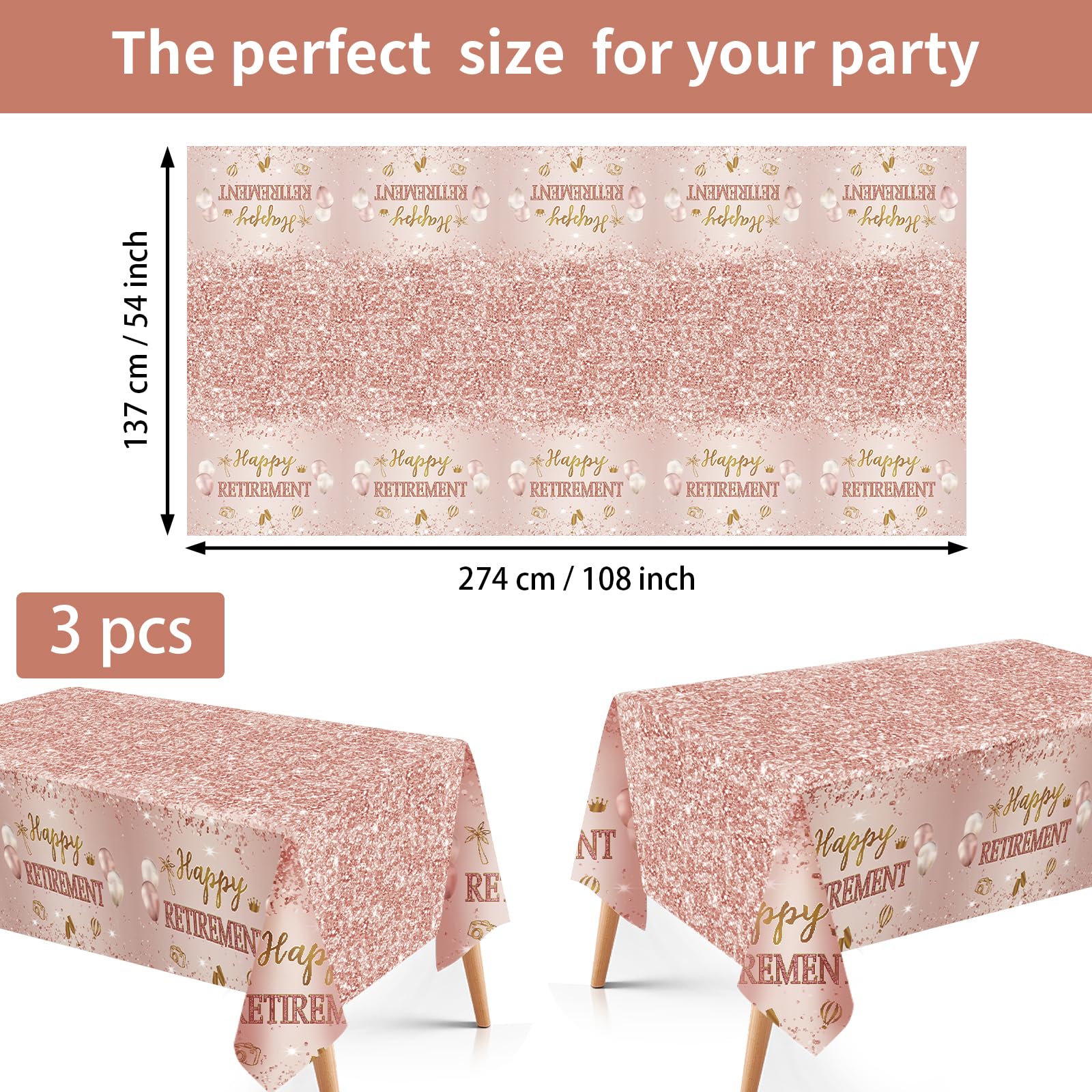 3Pcs Rose Gold Retirement Party Tablecloth