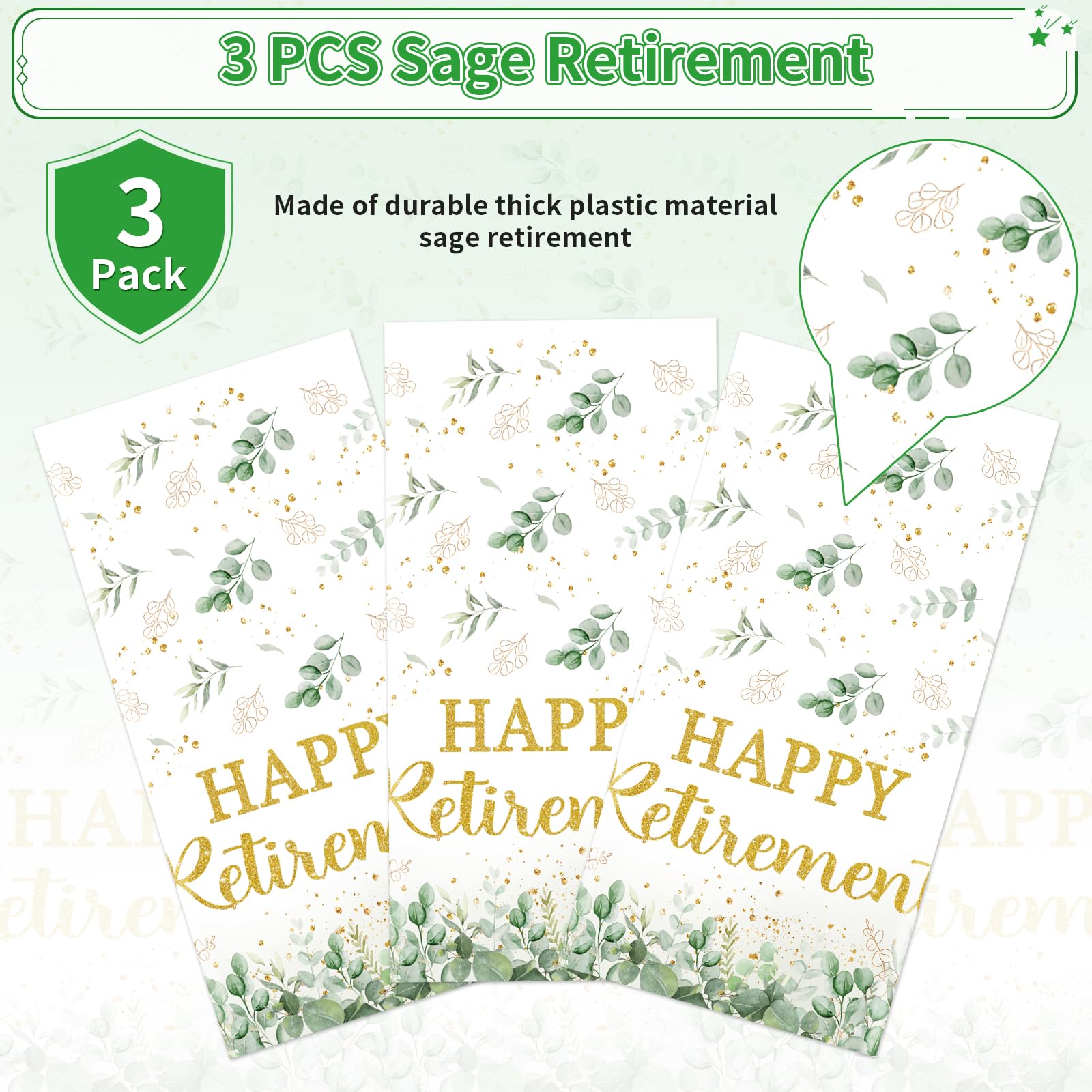 3Pcs Sage Green Retirement Party Tablecloth - Grencian