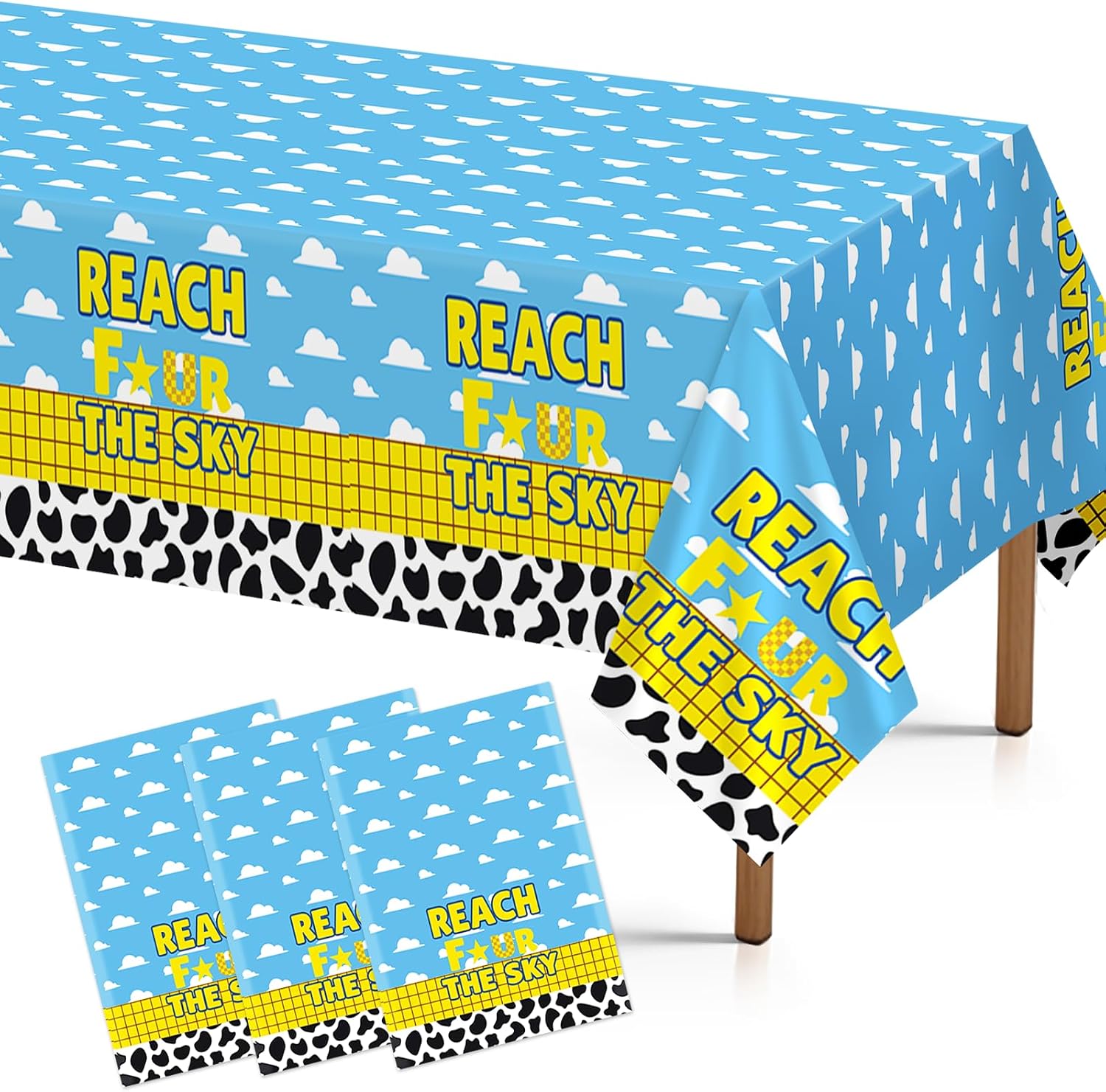 3Pcs 4th Birthday Cartoon Story Tablecloth 54" x 108" - Reach Four the Sky Blue Sky Plastic Table Cover for Boys - Grencian