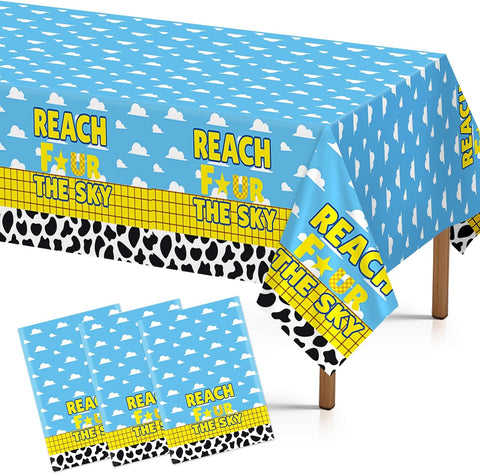 3Pcs 4th Birthday Cartoon Story Tablecloth 54" x 108" - Reach Four the Sky Blue Sky Plastic Table Cover for Boys - Grencian