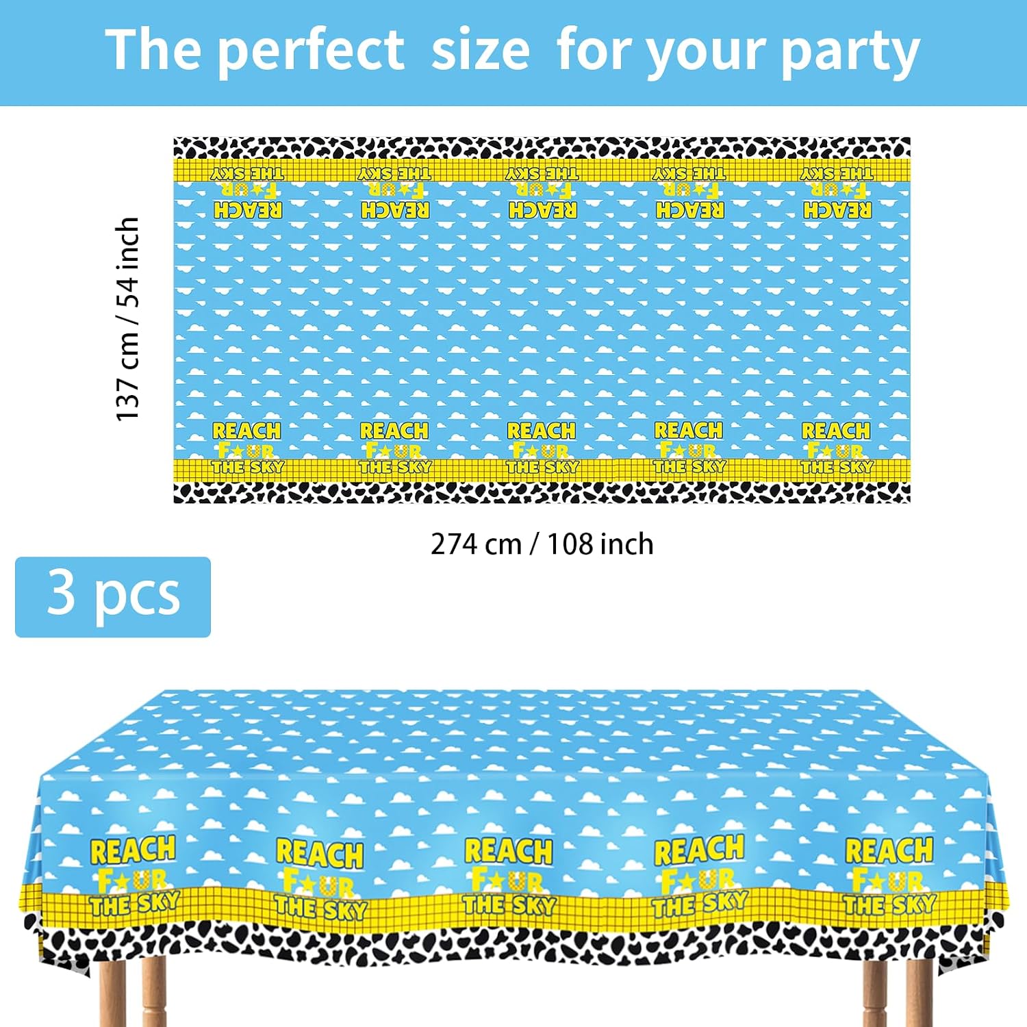 3Pcs 4th Birthday Cartoon Story Tablecloth 54" x 108" - Reach Four the Sky Blue Sky Plastic Table Cover for Boys - Grencian