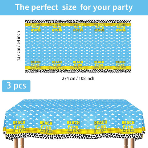 3Pcs 4th Birthday Cartoon Story Tablecloth 54" x 108" - Reach Four the Sky Blue Sky Plastic Table Cover for Boys - Grencian